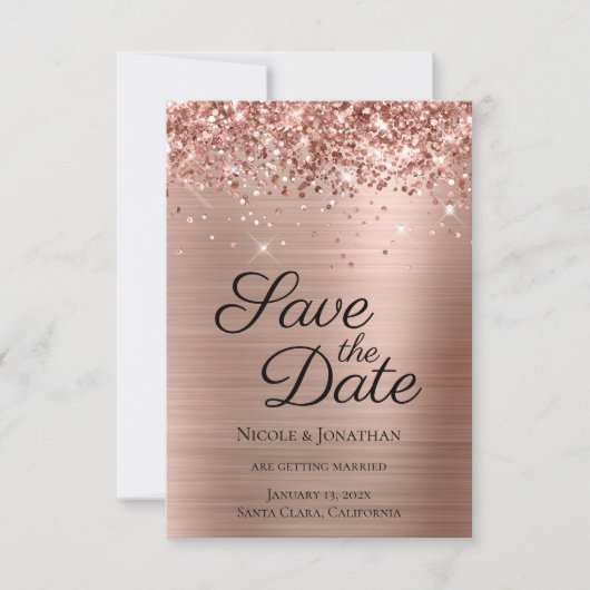 Save The Date Glitterie Rose Gold Foil Élégante calligraphie (Devant)