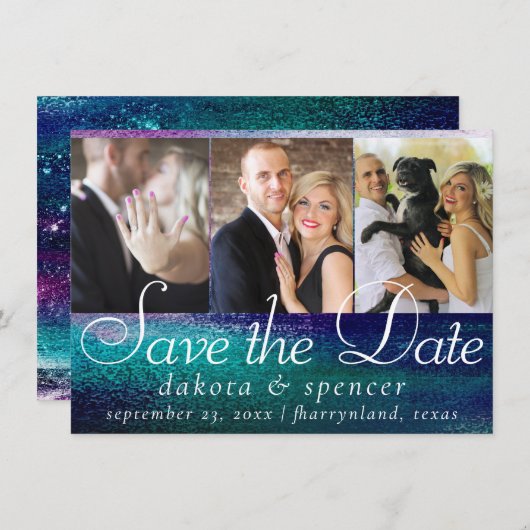 Save The Date Glitzy Foil | Holographique Iridescente Ombre 3 Ph (Devant / Derrière)