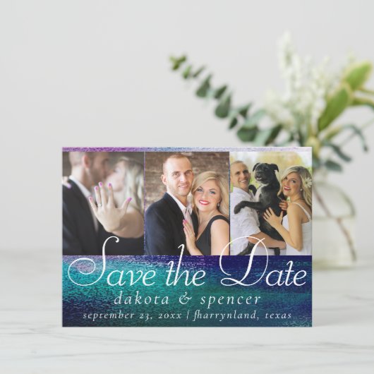 Save The Date Glitzy Foil | Holographique Iridescente Ombre 3 Ph (Debout devant)