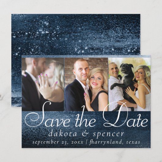 Save The Date Glitzy Foil | Marine Blue Dark Faux Parties scinti (Devant / Derrière)