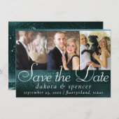 Save The Date Glitzy Foil | Minuit Turquoise Faux Metallic 3 Pho (Devant / Derrière)