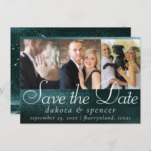 Save The Date Glitzy Foil | Minuit Turquoise Faux Metallic 3 Pho (Devant / Derrière)