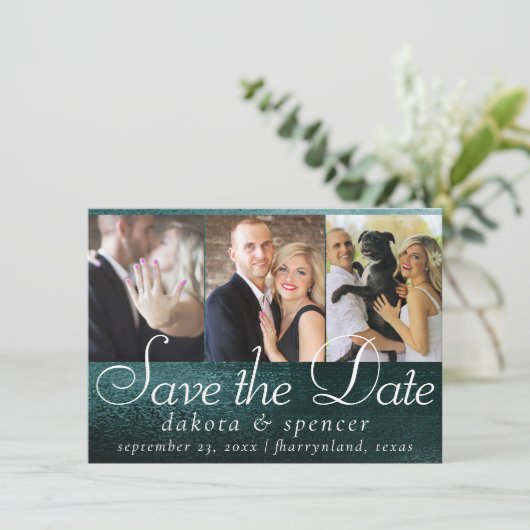 Save The Date Glitzy Foil | Minuit Turquoise Faux Metallic 3 Pho (Debout devant)
