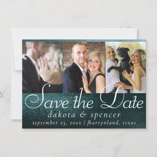 Save The Date Glitzy Foil | Minuit Turquoise Faux Metallic 3 Pho (Devant)