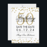 Save The Date Gold 50th Birthday Save Date Confetti<br><div class="desc">Elégant design "50th Birthday Party" avec Gold Faux Parties scintillant Confetti Blanc et nom personnalisé et détails texte. Facile à utiliser et facile à personnaliser. Commandez aujourd'hui !</div>