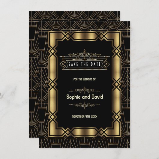 Save The Date Gold Black Art Deco Gatsby années 1920 Enregistrer (Devant / Derrière)
