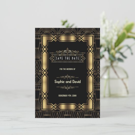 Save The Date Gold Black Art Deco Gatsby années 1920 Enregistrer (Debout devant)