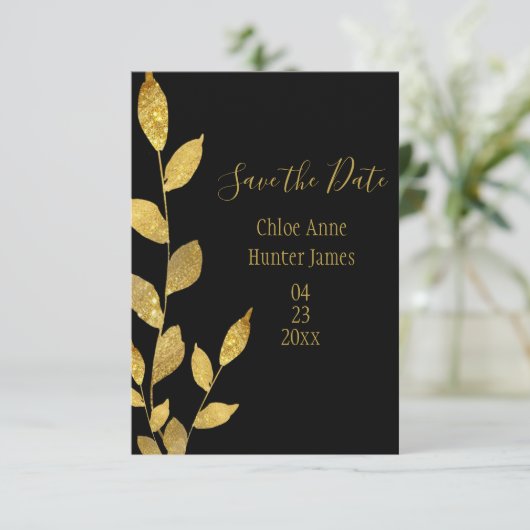 Save The Date Gold Black Elegant Leaf Moderne Chic (Debout devant)