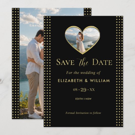 Save The Date Gold & Black Polka Dot Personalized wedding (Devant / Derrière)