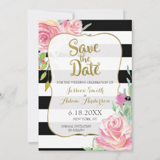 Save The Date Gold, Black & White Stripes Floral Enregistrer la
