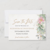 Save The Date Gold & Blush Rose Floral Green Enregistrer La Date (Devant)