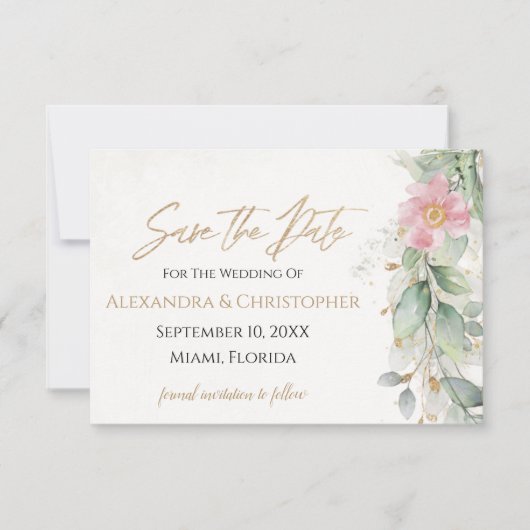 Save The Date Gold & Blush Rose Floral Green Enregistrer La Date (Devant)