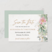 Save The Date Gold & Blush Rose Floral Green Enregistrer La Date (Devant / Derrière)
