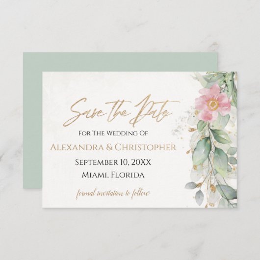Save The Date Gold & Blush Rose Floral Green Enregistrer La Date (Devant / Derrière)