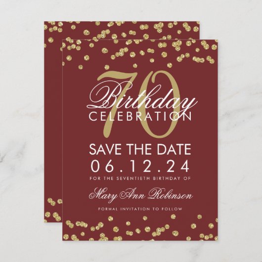 Save The Date Gold Burgundy 70e anniversaire Date de sauvegarde (Devant / Derrière)