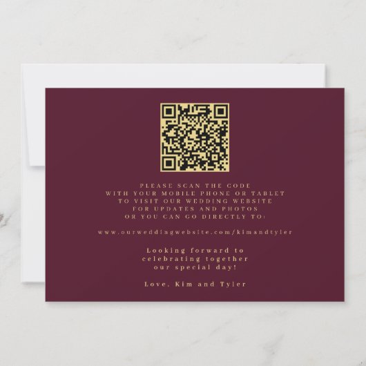 Save The Date Gold burgundy QR code simple elegant wedding (Dos)