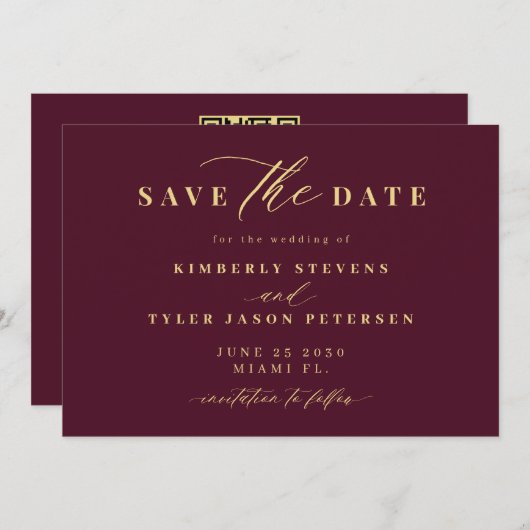 Save The Date Gold burgundy QR code simple elegant wedding (Devant / Derrière)
