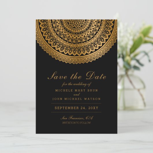 Save The Date Gold Classy Mandala Black Enregistrer la date Cart (Debout devant)
