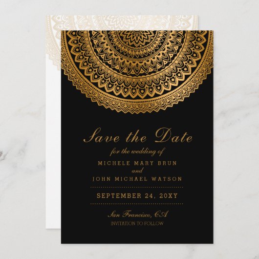 Save The Date Gold Classy Mandala Black Enregistrer la date Cart (Devant / Derrière)
