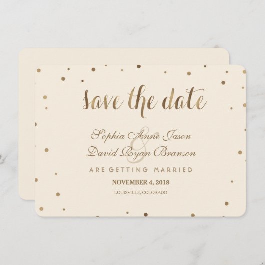 Save The Date Gold Confetti Aimer Champagne Mariage Enregistrer  (Devant / Derrière)