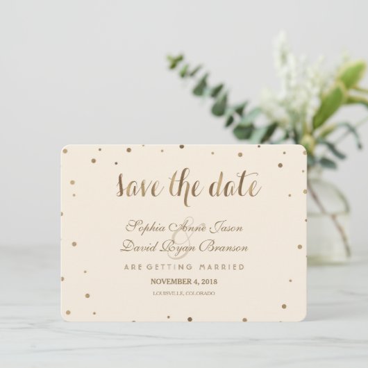 Save The Date Gold Confetti Aimer Champagne Mariage Enregistrer (Debout devant)