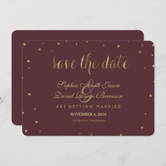 Save The Date Gold Confetti Aimer Mariage Bourgogne Enregistrer  (Devant / Derrière)