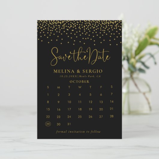 Save The Date Gold Confetti Boho Noir Enregistrer le calendrier (Debout devant)