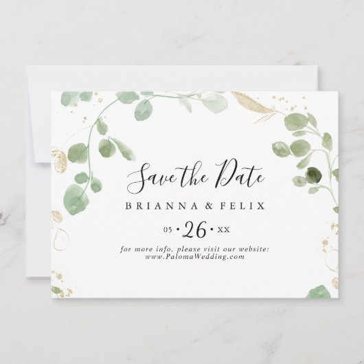 Save The Date Gold Confetti Eucalyptus Mariage horizontal (Devant)