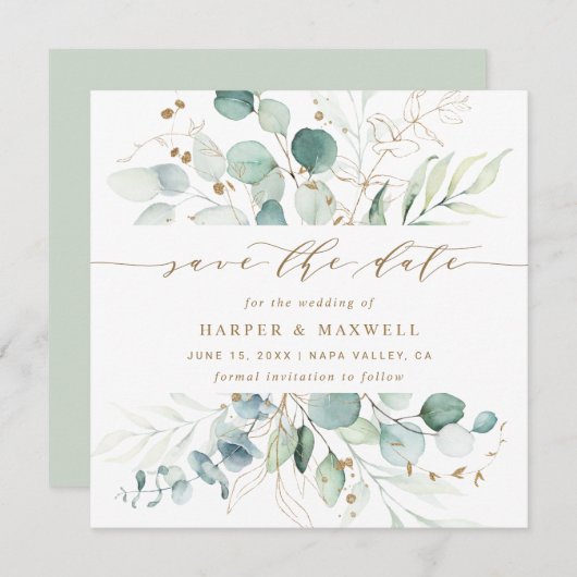 Save The Date Gold et Green Botanical Mariage Photo Save the Da (Devant / Derrière)