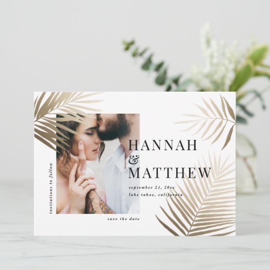 Save The Date Gold feuille de palme enregistrer la date mariage  (Debout devant)