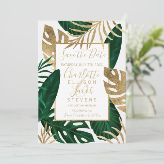 Save The Date Gold feuille verte tropicale enregistrer la date m (Debout devant)