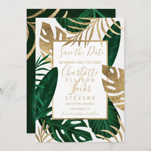 Save The Date Gold feuille verte tropicale enregistrer la date m (Devant / Derrière)