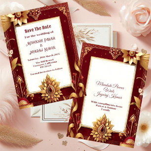Save The Date Gold Floral Motif Asymétrique Grand Mariage Indien