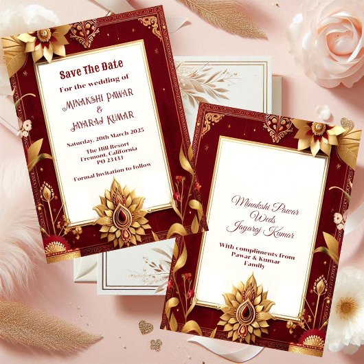 Save The Date Gold Floral Motif Asymétrique Grand Mariage Indien