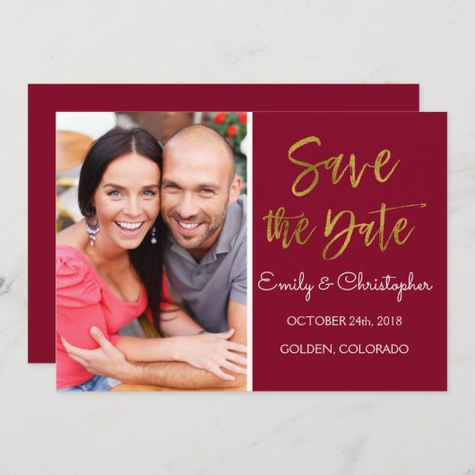 Save The Date Gold Foil & Bourgogne Marsala Enregistrer la date  (Devant / Derrière)