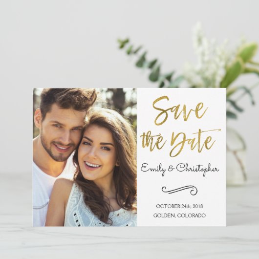 Save The Date Gold Foil Script Wedding Enregistrer la photo Date (Debout devant)