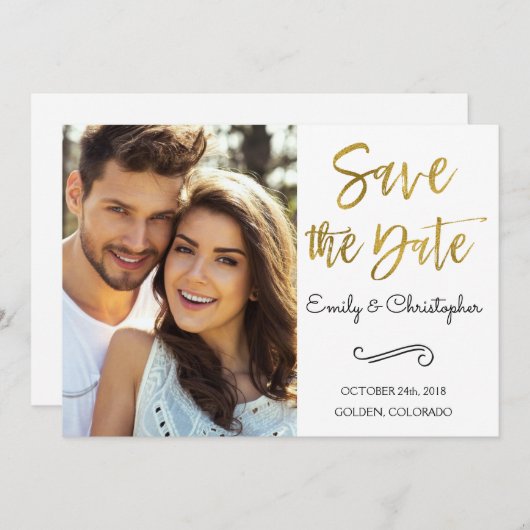Save The Date Gold Foil Script Wedding Enregistrer la photo Date (Devant / Derrière)