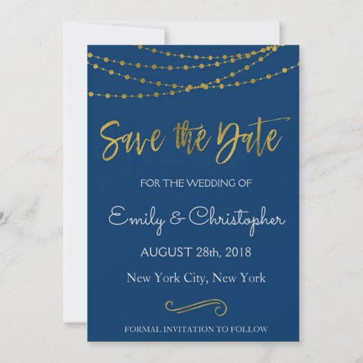 Save The Date Gold Foil String Lights et Script Enregistrer la d (Devant)