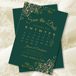 Save The Date Gold Frills Emerald Green Élégant Calendrier de ma