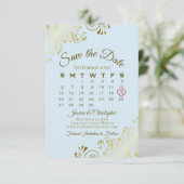 Save The Date Gold Frills Powder Blue Chic Calendrier Mariage (Debout devant)