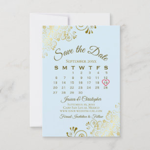 Save The Date Gold Frills Powder Blue Chic Calendrier Mariage