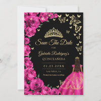 Gold Fuchsia Roses roses papillons Quinceanera