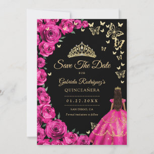 Save The Date Gold Fuchsia Roses roses papillons Quinceanera