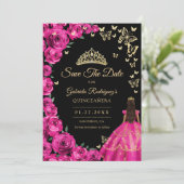 Save The Date Gold Fuchsia Roses roses papillons Quinceanera (Debout devant)