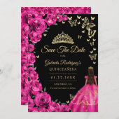 Save The Date Gold Fuchsia Roses roses papillons Quinceanera (Devant / Derrière)