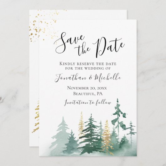 Save The Date Gold Green Pine Trees Inspirationnel (Devant / Derrière)