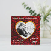 Save The Date Gold Heart Frame & Red Fabric Ajouter une photo (Debout devant)