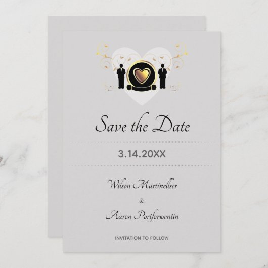 Save The Date Gold Heart Grooms LGBTQ (Devant / Derrière)