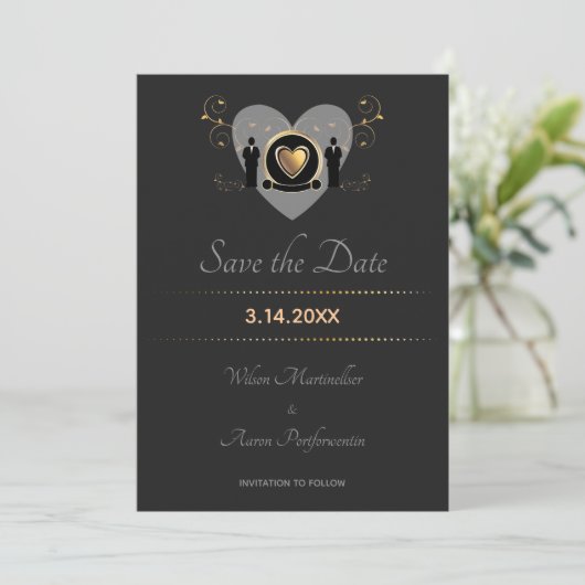Save The Date Gold Heart Homme Mariage | Enregistrer la date (Debout devant)