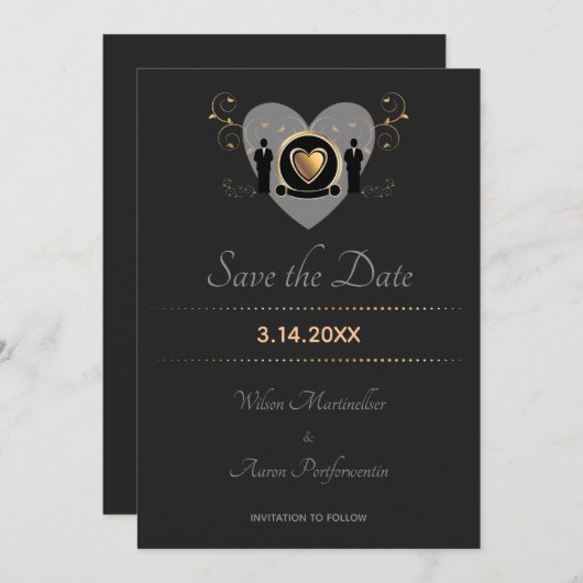 Save The Date Gold Heart Homme Mariage | Enregistrer la date (Devant / Derrière)
